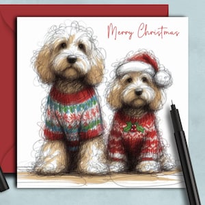 Carte de Noël CHIENS COCKAPOO AMIS (grande et petite). Une belle carte à envoyer à un parent, une maman, un papa, un ami, un promeneur de chien ou un toiletteur de chien