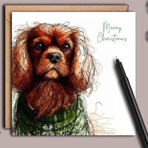 Carte de Noël rouge rubis pour chien épagneul CAVALIER KING CHARLES. Une carte de Noël pour une maman, un papa, un toiletteur ou un promeneur de chien King Charles.