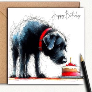 Biglietto di auguri per il compleanno del cane LABRADOR NERO (torta di compleanno), biglietto per il papà del cane, la mamma del cane, un parente, un amico o un dog walker.