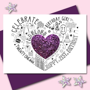 Carte d'anniversaire 21e – 21e carte à paillettes violettes pour fille, petite-fille, sœur, nièce. Carte spéciale pour un 21e anniversaire.