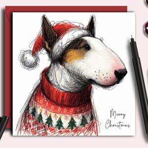 Eine BULLTERRIER Weihnachtskarte, eine Karte für jeden Besitzer, Hundeelternteil, Großelternteil, Familienmitglied dieser treuen und anhänglichen Hunderasse.