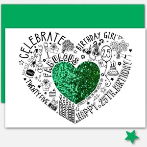 CARTE 25ÈME ANNIVERSAIRE – 25ÈME carte vert émeraude pour une fille, une sœur, une amie, une fille ou une nièce. Carte à paillettes pour un anniversaire marquant