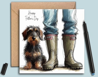 May include: A greeting card with a hand-drawn illustration of a dachshund dog and a pair of green rubber boots. The card says "Happy Father's Day".