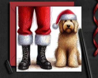Może przedstawiać: Ilustracja kartki świątecznej z golden doodle w czapce Świętego Mikołaja, obok czerwonych spodni i czarnych butów Świętego Mikołaja. Karta znajduje się na czerwonej kopercie, z czarnym długopisem i czerwoną wstążką na czarnym tle.
