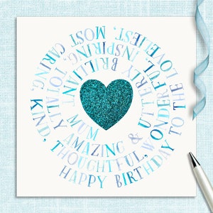 Mama Verjaardagskaart Turquoise blue Sparkle, een prachtige glitterverjaardagskaart voor mama, verjaardagskaart voor stiefmoeder of schoonmoeder.