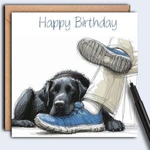 Biglietto di auguri per il compleanno del cane LABRADOR NERO (scarpe da ginnastica blu), biglietto per il papà del cane, la mamma del cane, un parente, un amico o un dog walker.