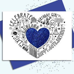 CARTÃO DE 60º ANIVERSÁRIO – 60º cartão Blue Sparkle para esposa, mãe, irmã, amiga, filha. Cartão brilhante para um aniversário marcante