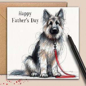 Carte de fête des pères pour chien berger allemand (laisse rouge) Une carte de fête des pères pour chien d'Alsace : père, père, beau-père, grand-père, frère ou fils
