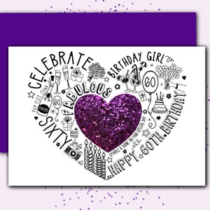 CARTÃO DE ANIVERSÁRIO DE 60 ANOS - Cartão brilhante de 60 anos para esposa, mãe, irmã, amiga, filha. Cartão Purple Glitter para um aniversário marcante