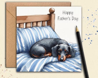 May include: Watercolor Father's Day card featuring a dachshund dog resting on a striped blue pillow. The card includes the text "Happy Father's Day" and is accompanied by a brown envelope and a black pencil.