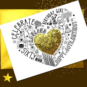 CARTÃO DE 60º ANIVERSÁRIO – 60º cartão Gold Sparkle para esposa, mãe, irmã, amiga, filha. Cartão brilhante para um aniversário de 60 anos
