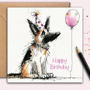 May include: A whimsical birthday card featuring a German Shepherd dog wearing a party hat and holding a pink balloon. The words "Happy Birthday" are written in pink script. The card is paired with a brown envelope.