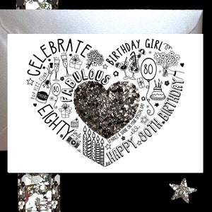 80E VERJAARDAGSKAART - 80E Gunmetal Silver Sparkle Speciale verjaardagskaart voor moeder, vrouw, zus, vriend, tante. 80e mijlpaalverjaardag