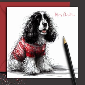 Zwart-witte kerstkaart COCKER-SPANIELHOND (trui) Een kerstkaart voor een cocker-spaniëlmoeder, hondenvader, vriend, hondentrimmer.