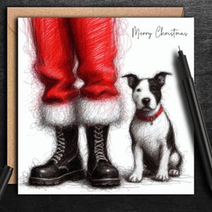 UN BULL TERRIER DELLO STAFFORDSHIRE Nero/Bianco. Biglietto di Natale, un biglietto per ogni proprietario, papà o mamma di cane del fedele cane Staffy