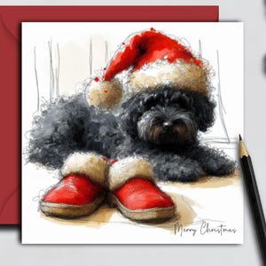 BLACK POOCHON DOG Christmas Card. A Christmas card for a little black poochon owner, dog parent, mum, dog dad, grandparent, family or friend
