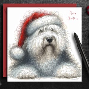 Vieille carte de Noël ANGLAIS DE CHIEN DE berger.  Une carte de Noël pour chaque propriétaire de chien de berger anglais, parent de chien, famille, ami ou toiletteur de chien