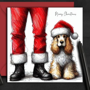 Carte de Noël rouge et blanche pour chien COCKER SPANIEL. Une carte de Noël pour une maman, un papa, un ami, un promeneur de chien ou un toiletteur de chien