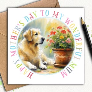 Carte de fête des mères chien GOLDEN RETRIEVER (jardin) Une carte de fête des mères du magnifique chien Golden Retriever, une belle carte pour maman cette année