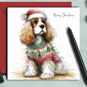 Carte de Noël orange et blanche pour CHIEN COCKER SPANIEL. Une carte de Noël pour une maman cocker, un papa, un ami, un promeneur de chien toiletteur.