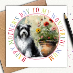 Tarjeta del Día de la Madre del PERRO COLLIE BARBUDO (Jardín) Una tarjeta del Día de la Madre del hermoso perro Collie Barbudo, una hermosa tarjeta para regalarle a mamá este año