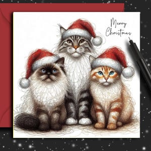Carte de Noël AMIS CHATS (3chats) Une carte de Noël pour la folle fée ou pour le fou de chat ! Une carte de chat pour tout toiletteur de maman, de papa ou de chat.