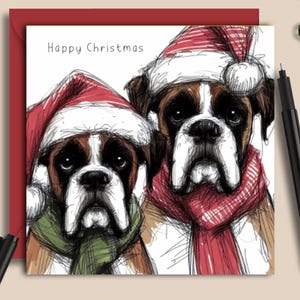 Carte de Noël BOXER DOG FRIENDS, une carte pour tous ceux qui ont un couple de boxeurs gonflables, parfaite pour offrir à Noël à la famille et aux amis