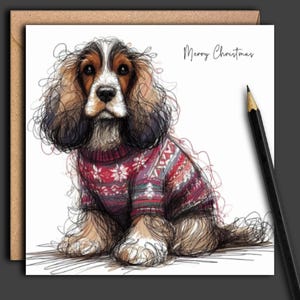 Carte de Noël pour chien COCKER SPANIEL foie, beige et blanc (cavalier) Une carte de Noël pour une maman cocker, un papa de chien, un toiletteur de chien et un promeneur de chien.