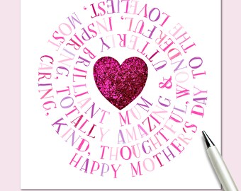 PINK Mothers Day Card, a gorgeous card for your glitzy mum this mothers day, card for mum or step mum celebrating mothering Sunday