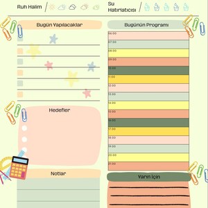 May include: A colorful daily planner with the text "KPSS Günlük Ders Planı". The planner includes sections for daily tasks, a schedule, goals, and notes. Decorative elements include stars, paper clips, and illustrations of school supplies.
