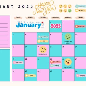 Puede incluir: Un calendario rosa y azul para enero de 2025 con una lista de tareas pendientes y una sección de notas. El calendario tiene un tema de Feliz Año Nuevo con varios emojis y pegatinas.