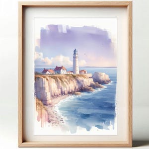 Póster de acuarela Faro en el acantilado | Póster Playa | Decoración de pared en colores pastel | Cartel de mar acuarela de viaje de regalo.