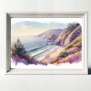 Poster di spiaggia e costa selvaggia ad acquerello | Arte al mare | Decorazione naturale pastello | Regalo di poster nautico della natura selvaggia dell'acquerello