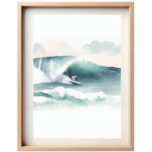 Minimalistische Aquarell-Surf-Dekoration – Surfer in einer kraftvollen Welle – Ozean-Meer-Surfer-Geschenkposter