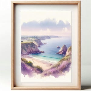 Póster Acuarela Costa de Acantilados y Playa | Arte de pared junto al mar | Decoración en colores pastel | Regalo de cartel de viaje en acuarela.