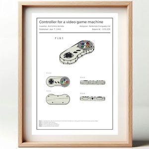 Puede incluir: Impresión enmarcada de patente de un controlador de videojuegos, con diagramas detallados y el texto "Controller for a video game machine". La impresión incluye el nombre del inventor, la fecha de publicación y el número de patente. El diseño del controlador se muestra desde múltiples ángulos.