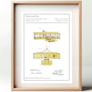 Peut inclure: Un dessin de brevet en noir et blanc de l'avion des frères Wright. Le dessin montre l'avion en vol et comprend des détails sur les ailes, le fuselage et l'hélice. Le texte sur le dessin indique "Flying machine", "Inventor: Orville Wright & Wilbur Wright", "Patented May 22, 1908", "Assignee O & W Wright", et "Patent N 821,303".