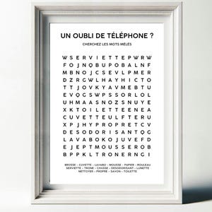 May include: A black and white word search puzzle with the title "Un Oubli de T&eacute;l&eacute;phone?" and instructions to "Cherchez les mots m&ecirc;l&eacute;s". The puzzle includes words related to bathroom items and cleaning supplies.