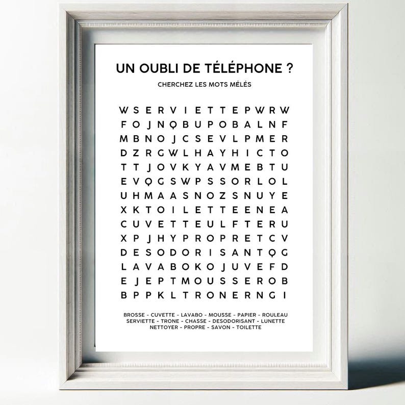 May include: A black and white word search puzzle with the title "Un Oubli de T&eacute;l&eacute;phone?" and instructions to "Cherchez les mots m&ecirc;l&eacute;s". The puzzle includes words related to bathroom items and cleaning supplies.