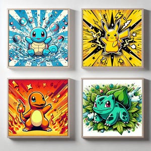 Può includere: Quattro stampe su tela quadrate con diversi personaggi Pokémon. La stampa in alto a sinistra mostra Squirtle in un design a tema acqua blu e bianco. La stampa in alto a destra mostra Pikachu in un design a tema fulmine giallo e nero. La stampa in basso a sinistra mostra Charmander in un design a tema fuoco arancione e rosso. La stampa in basso a destra mostra Bulbasaur in un design a tema erba verde e bianco.