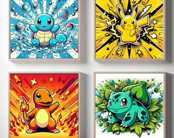 Set of 4 Pokémon Posters Pikachu, Charmander, Squirtle and Bulbasaur | Children's Room Wall Art