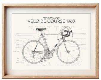 Affisch med racercykel från 1960-talet – Teknisk och vintageillustration | Retro cykelväggkonst | Presentidé för cykelentusiaster