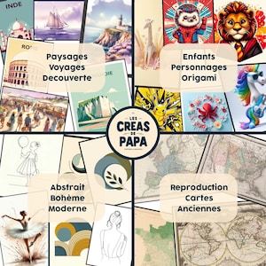 May include: A collage of images showcasing different art styles, including landscapes, children's illustrations, abstract art, and vintage maps. The text "Les Creas de Papa" is featured in a circle.