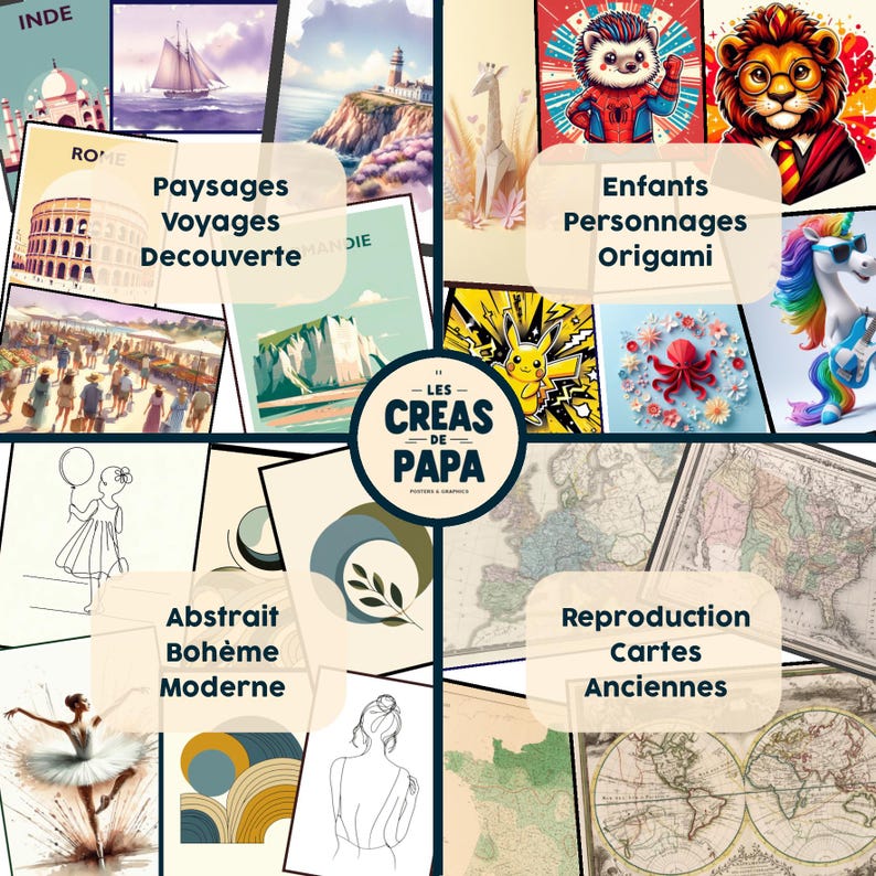 May include: A collage of images showcasing different art styles, including landscapes, children's illustrations, abstract art, and vintage maps. The text "Les Creas de Papa" is featured in a circle.