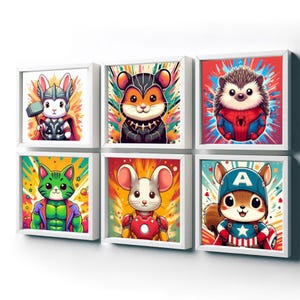 Conjunto de 6 pôsteres de animais de super-heróis da Marvel | Ilustrações fofas e originais para quarto infantil
