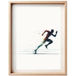 Könnte beinhalten: Ein Aquarellbild eines Läufers in Silhouette mit Farbstichen im Hintergrund. Der Läufer befindet sich im Mittellauf, mit ausgestreckten Armen und schnell bewegenden Beinen. Das Bild ist vor einem weißen Hintergrund platziert.