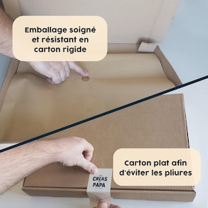 May include: A brown cardboard box with a brown paper liner. The box is labeled "Emballage soign&eacute; et r&eacute;sistant en carton rigide" and "Carton plat afin d'&eacute;viter les pliures". The box also has a sticker that says "LES CREAS DE PAPA".