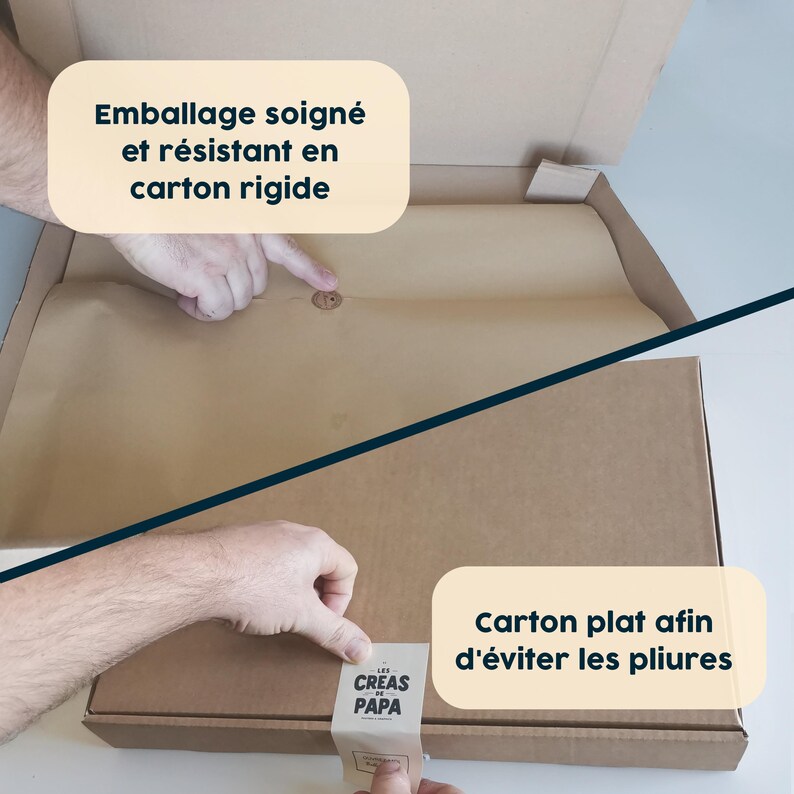 May include: A brown cardboard box with a brown paper liner. The box is labeled "Emballage soign&eacute; et r&eacute;sistant en carton rigide" and "Carton plat afin d'&eacute;viter les pliures". The box also has a sticker that says "LES CREAS DE PAPA".