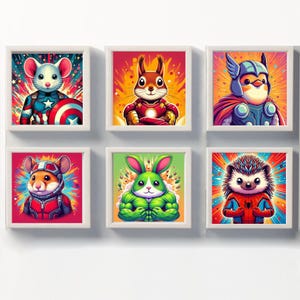 Conjunto de 6 pôsteres de animais de super-heróis da Marvel | Arte na parede do quarto infantil