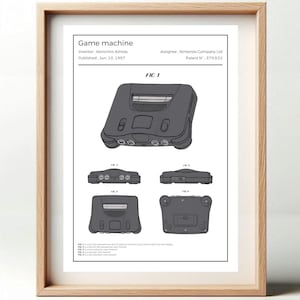 Puede incluir: Un dibujo en blanco y negro de una consola de juegos Nintendo 64 patentada. El dibujo de la patente muestra la consola desde diferentes ángulos. El texto en el dibujo de la patente dice "Game machine", "Inventor Kenichiro Ashida", "Published Jun 10, 1997", "FIC 1", "Assignee Nintendo Company Ltd" y "Patent N 379,832".